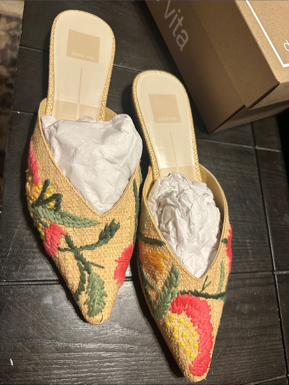 Dolce Vita Beige Embroidered Pointed Mules with Pink and Yellow Floral Detail - Picture 2 of 6